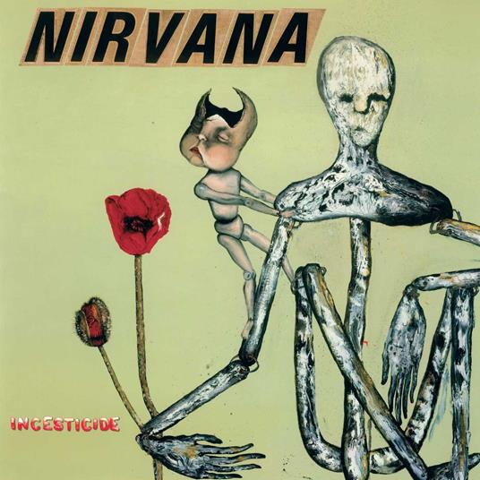 Copertina frontale Nirvana Incesticide - artwork originale con figure scheletriche e papavero rosso su sfondo verde