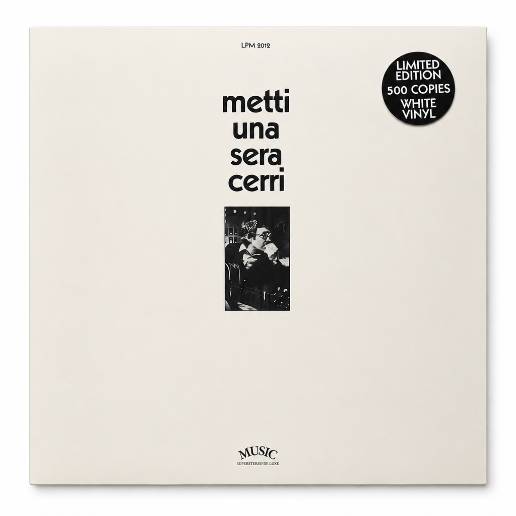 Copertina Franco Cerri Metti una Sera Cerri SAAR Records LPM 2012 - copertina minimalista avorio con scritta nera metti una sera cerri al centro, foto in bianco e nero di Franco Cerri al mixer, logo MUSIC Superstereo De Luxe in basso, sticker nero Limited Edition 500 Copies White Vinyl in alto a destra, vinile bianco visibile a destra
