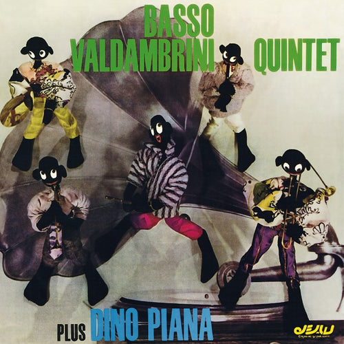 Basso Valdambrini Quintet Plus Dino Piana, copertina fronte editoriale: cinque pupazzi animati con strumenti musicali attorno a un grammofono su sfondo beige, titolo in verde e blu, logo Jolly in basso a destra