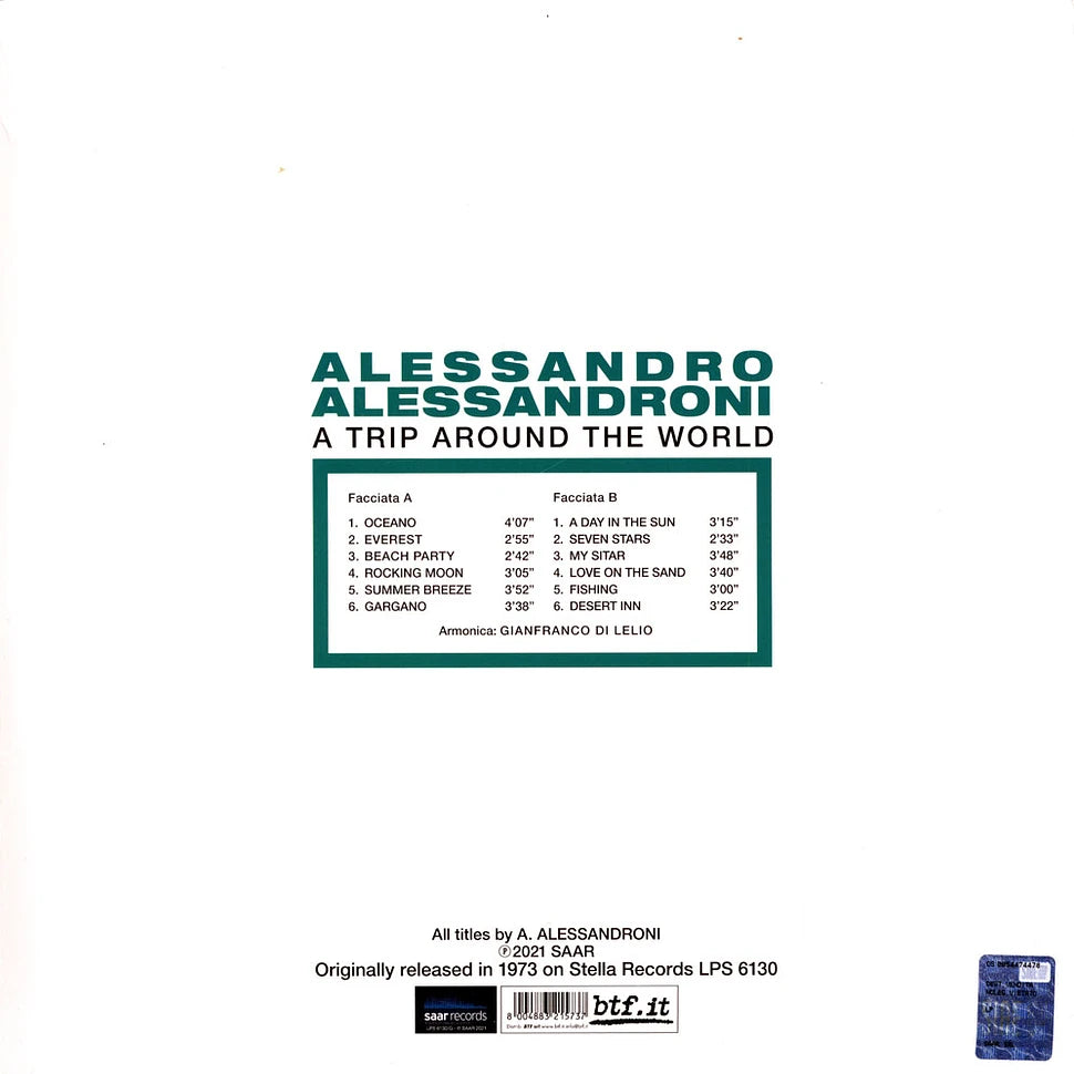 Alessandro Alessandroni A Trip Around the World SAAR - vinile giallo 12 pollici con copertina raffigurante ragazza sulla spiaggia al tramonto, scritta in verde scuro