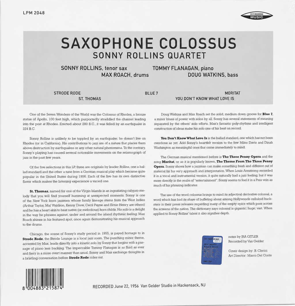 Retro copertina Sonny Rollins Saxophone Colossus Hi-Fi Records Music - tracklist e formazione Sonny Rollins Quartet su sfondo bianco, note di copertina di Ira Gitler, barcode 800488321587, logo Music Records in alto a destra, nota Recorded June 22 1956 Van Gelder Studio Hackensack NJ in basso