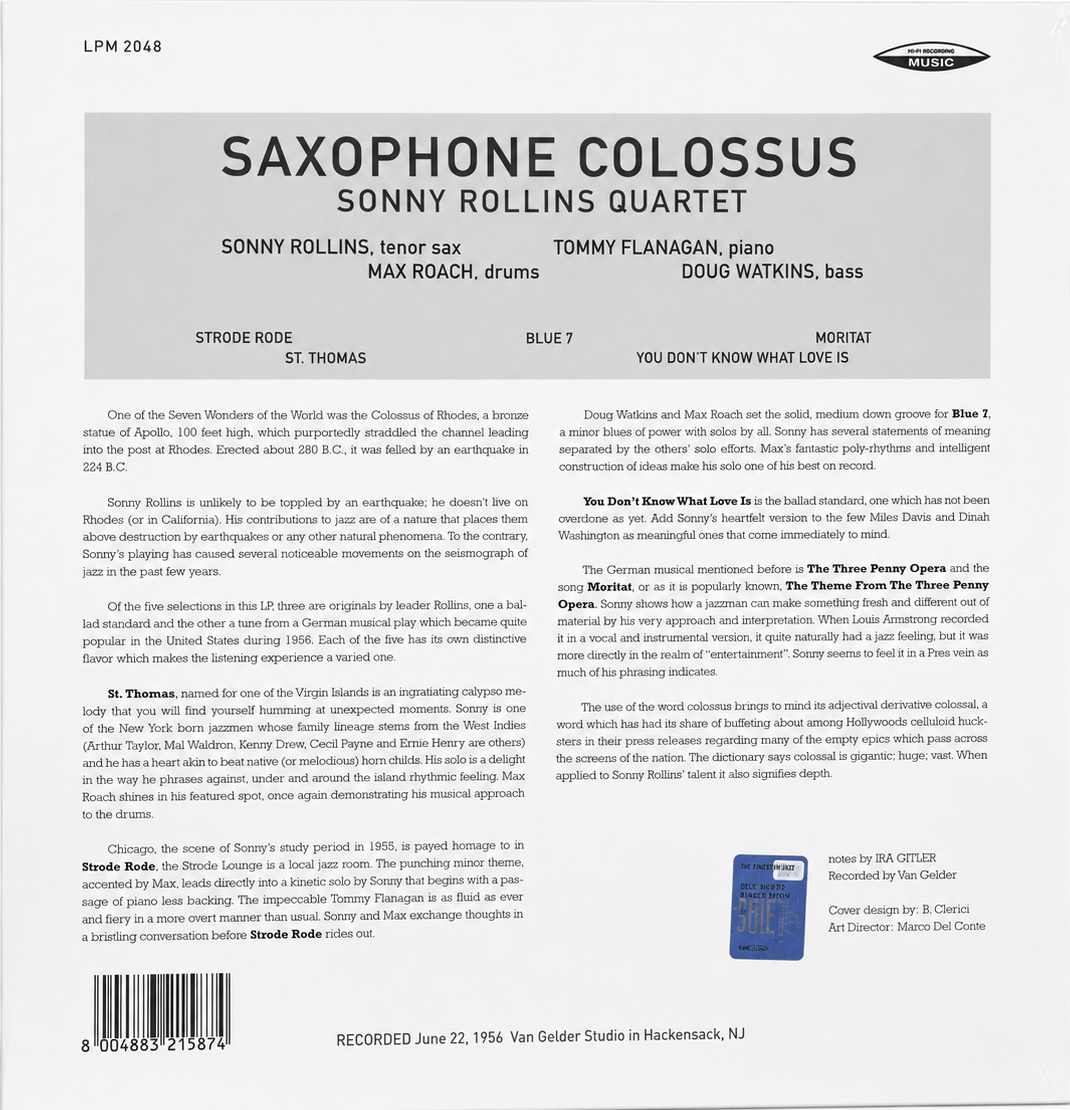 Retro copertina Sonny Rollins Saxophone Colossus Hi-Fi Records Music - tracklist e formazione Sonny Rollins Quartet su sfondo bianco, note di copertina di Ira Gitler, barcode 800488321587, logo Music Records in alto a destra, nota Recorded June 22 1956 Van Gelder Studio Hackensack NJ in basso
