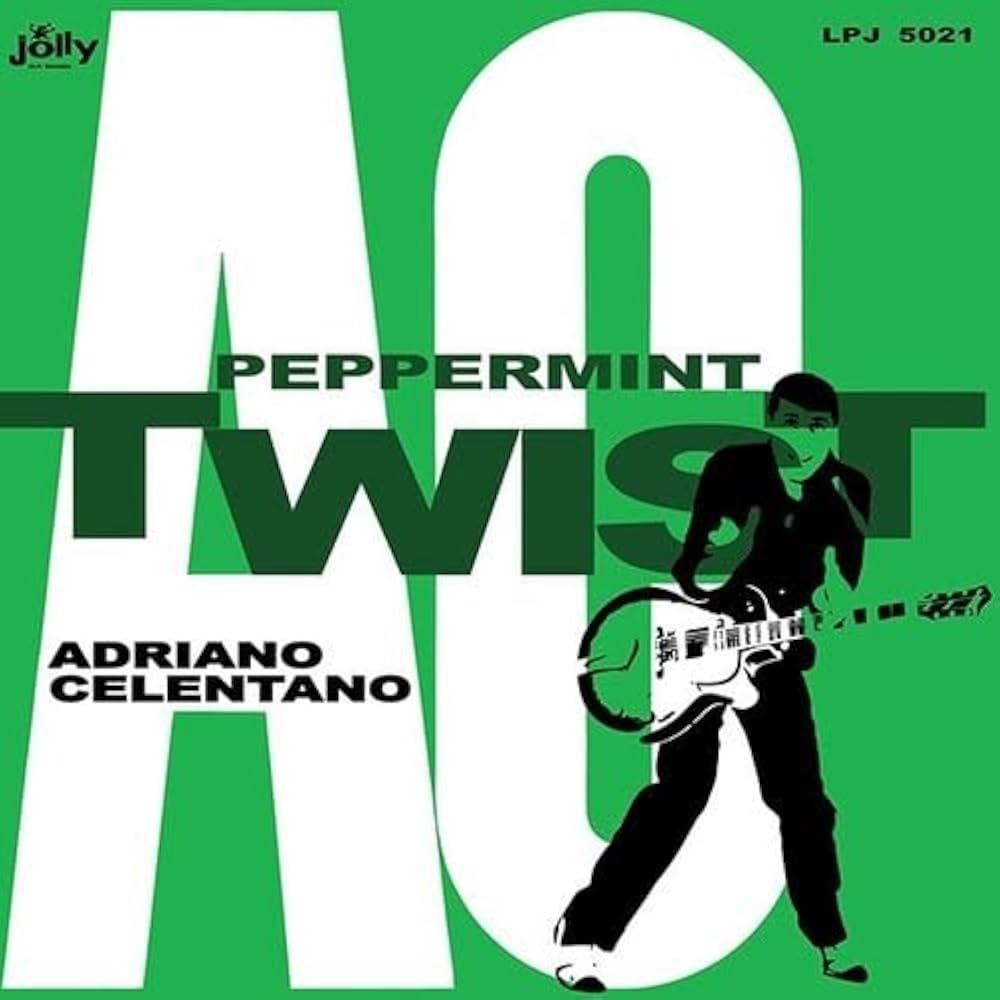 Copertina Adriano Celentano Peppermint Twist Jolly Records - sfondo verde brillante con iniziali AC bianche giganti, scritta Peppermint Twist in verde scuro, silhouette Celentano con chitarra bianca, logo Jolly in alto a sinistra, catalogo LPJ 5021 in alto a destra