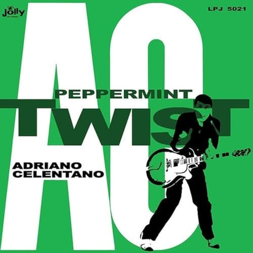 Copertina Adriano Celentano Peppermint Twist Jolly Records - sfondo verde brillante con iniziali AC bianche giganti, scritta Peppermint Twist in verde scuro, silhouette Celentano con chitarra bianca, logo Jolly in alto a sinistra, catalogo LPJ 5021 in alto a destra