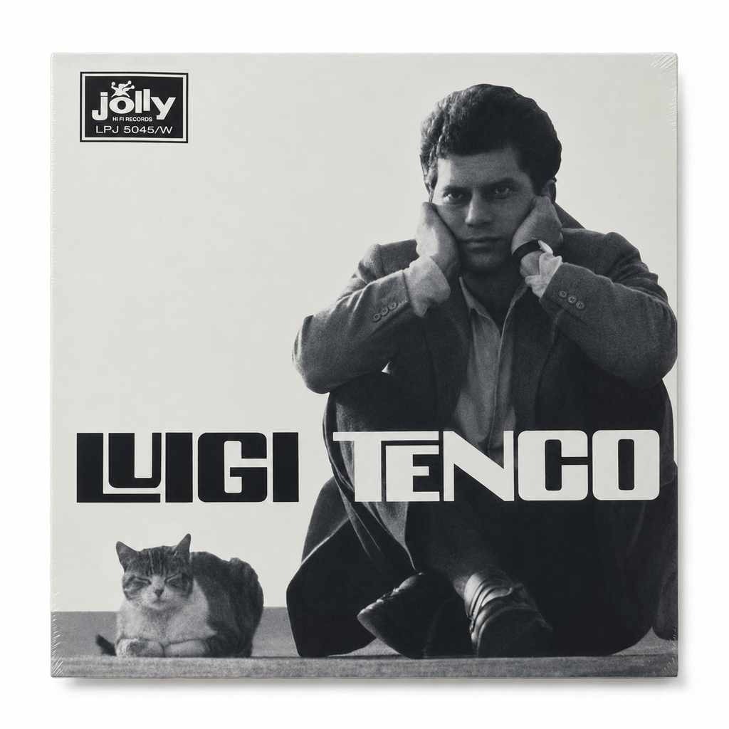 Copertina Luigi Tenco album omonimo Jolly Hi-Fi Records LPJ 5045/W SAAR - foto in bianco e nero di Luigi Tenco seduto con un gatto accanto, scritta LUIGI TENCO in grassetto in basso a sinistra, logo Jolly Hi-Fi Records LPJ 5045/W in alto a sinistra, ancora sigillato