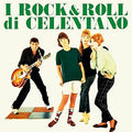 Copertina I Rock & Roll di Celentano SAAR - Celentano con chitarra e tre ragazzi su pavimento a scacchi, sfondo bianco, scritta I Rock & Roll di Celentano in verde in alto