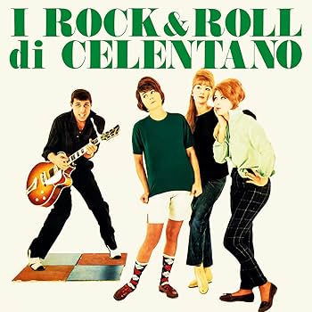 Copertina I Rock & Roll di Celentano SAAR - Celentano con chitarra e tre ragazzi su pavimento a scacchi, sfondo bianco, scritta I Rock & Roll di Celentano in verde in alto