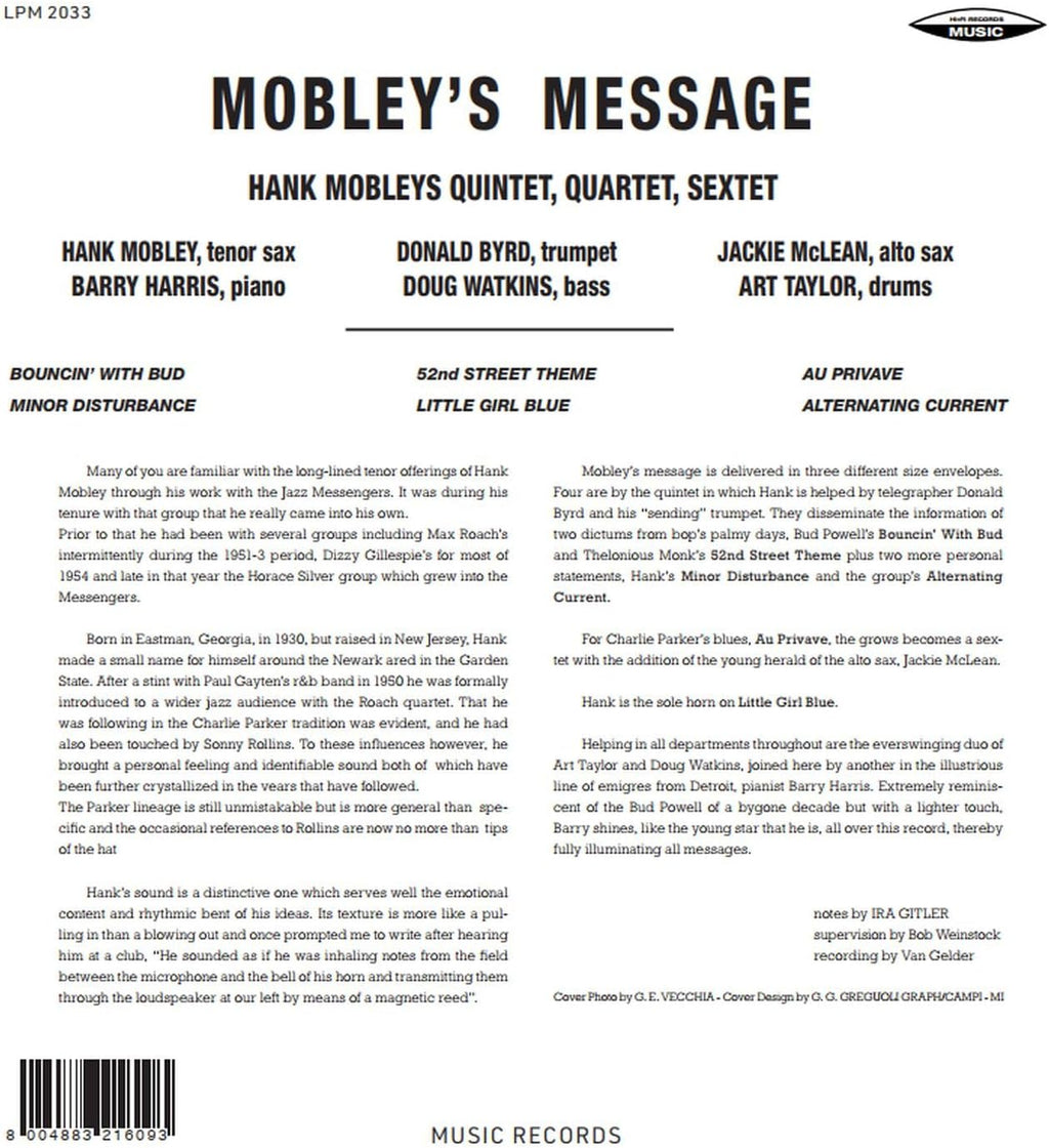 Retro copertina Hank Mobley Mobley's Message Hi-Fi Records Music - tracklist completa, formazione Quintet Quartet Sextet, note di copertina di Ira Gitler, barcode 800488321609, logo Music Records in basso
