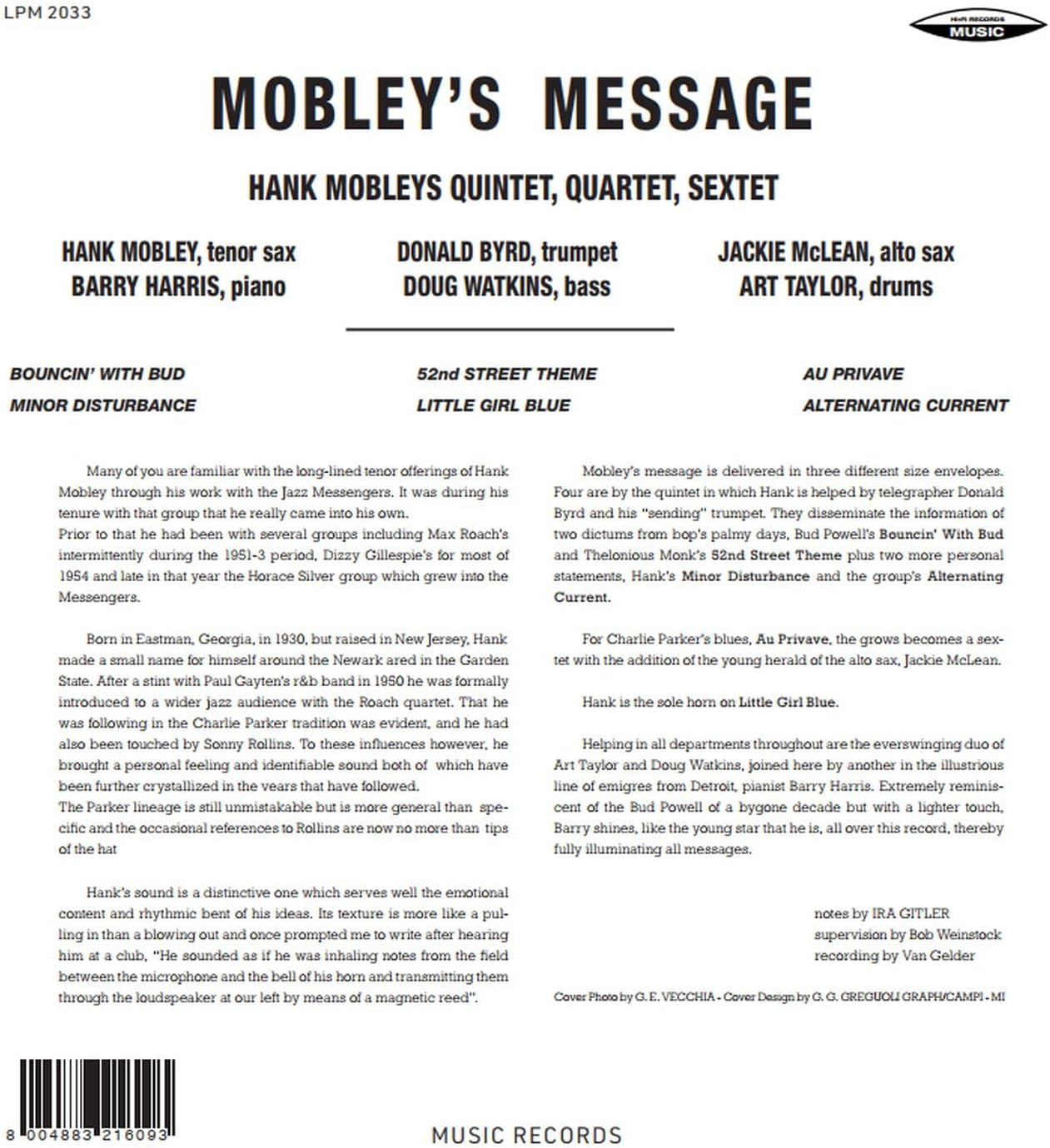 Retro copertina Hank Mobley Mobley's Message Hi-Fi Records Music - tracklist completa, formazione Quintet Quartet Sextet, note di copertina di Ira Gitler, barcode 800488321609, logo Music Records in basso