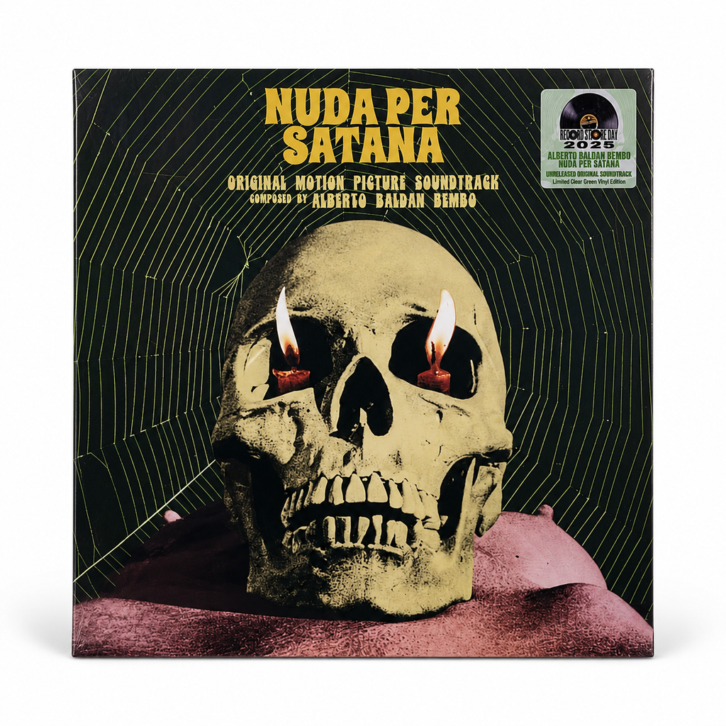 Copertina Alberto Baldan Bembo Nuda per Satana OST SAAR Records - teschio con candele negli occhi su ragnatela su sfondo nero, scritta gialla NUDA PER SATANA in alto, scritta bianca Original Motion Picture Soundtrack composed by Alberto Baldan Bembo, sticker Record Store Day 2025 Limited Clear Green Vinyl Edition in alto a destra