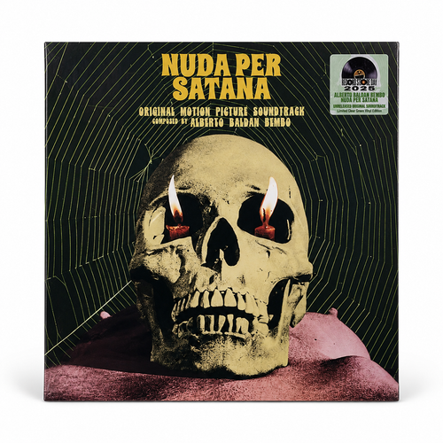 Copertina Alberto Baldan Bembo Nuda per Satana OST SAAR Records - teschio con candele negli occhi su ragnatela su sfondo nero, scritta gialla NUDA PER SATANA in alto, scritta bianca Original Motion Picture Soundtrack composed by Alberto Baldan Bembo, sticker Record Store Day 2025 Limited Clear Green Vinyl Edition in alto a destra