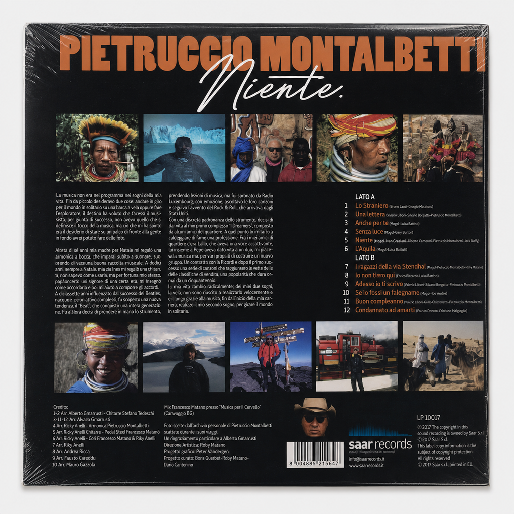 Retro copertina Pietruccio Montalbetti Niente SAAR Records LP 10017 - collage foto di viaggio Montalbetti in vari paesi del mondo su sfondo nero, scritta arancione PIETRUCCIO MONTALBETTI in alto, tracklist completa Lato A e B, credits arrangiamenti e produzione, logo SAAR Records in basso a destra, barcode 8004885215647, copyright 2017 Saar Srl