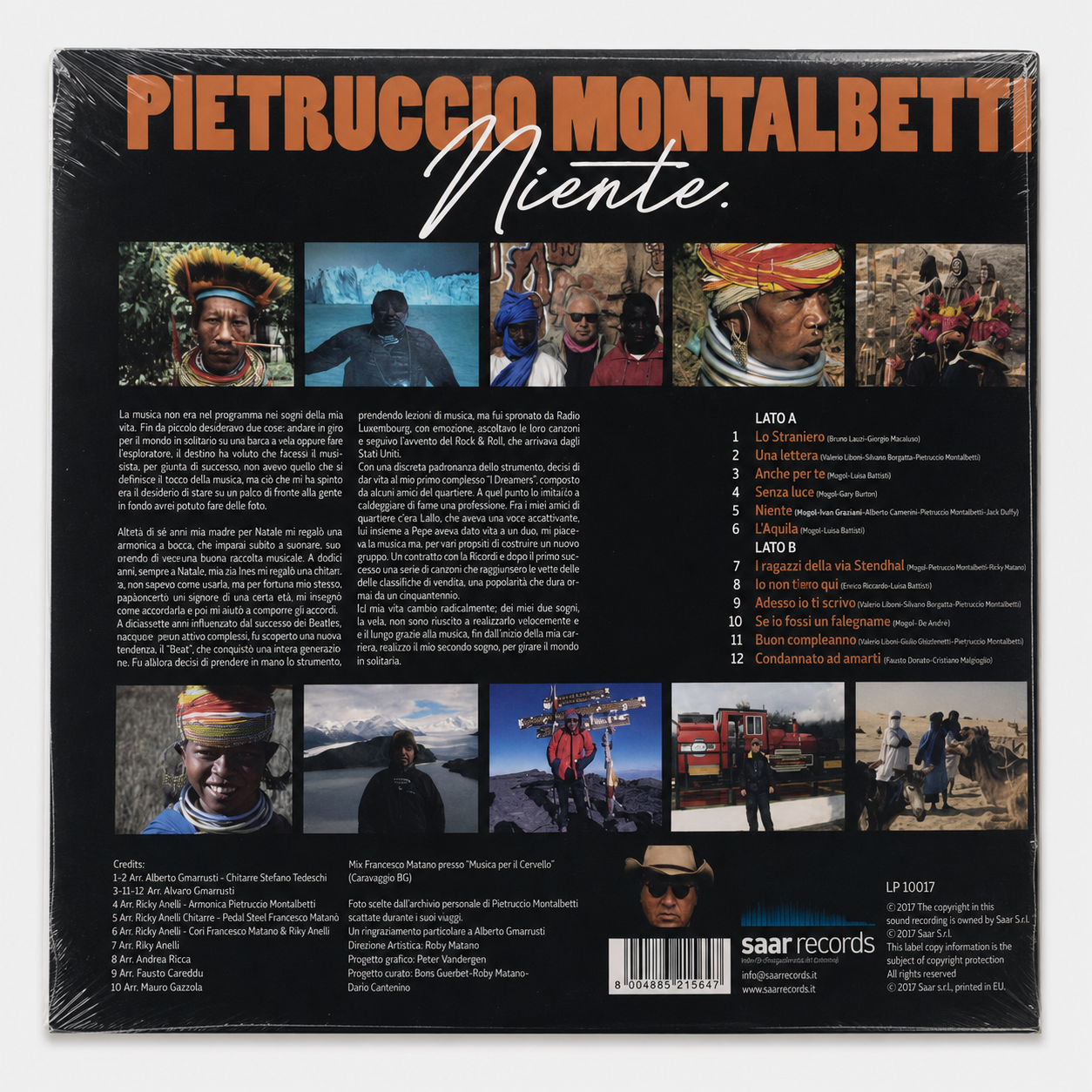 Retro copertina Pietruccio Montalbetti Niente SAAR Records LP 10017 - collage foto di viaggio Montalbetti in vari paesi del mondo su sfondo nero, scritta arancione PIETRUCCIO MONTALBETTI in alto, tracklist completa Lato A e B, credits arrangiamenti e produzione, logo SAAR Records in basso a destra, barcode 8004885215647, copyright 2017 Saar Srl