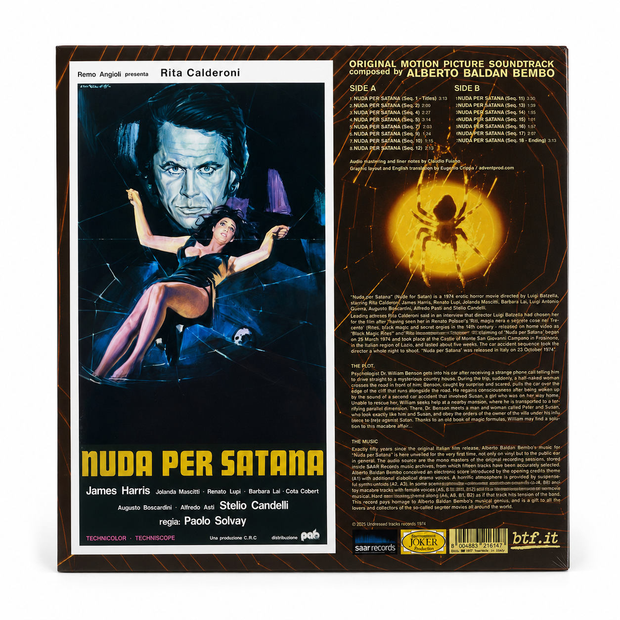 Retro copertina Alberto Baldan Bembo Nuda per Satana OST SAAR Records LPM 1974 - locandina originale del film con Rita Calderoni e Stelio Candelli, tracklist completa Side A e B con 17 sequenze, note sul film e sulla musica in inglese, cast completo, regia Paolo Solvay, barcode 8004883216147, logo SAAR Records Joker Production btf.it in basso, copyright 2025 Undressed Tracks Records 1974