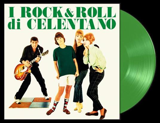 I Rock & Roll di Celentano SAAR 2023 - vinile verde 12 pollici con copertina, Celentano con chitarra e tre ragazzi su pavimento a scacchi