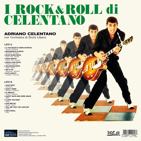 Retro copertina I Rock & Roll di Celentano SAAR - tracklist completa Lato A e B, Adriano Celentano con orchestra di Giulio Libano, foto Celentano con chitarra in posa multipla su sfondo verde, barcode 800488321608, logo SAAR Records e btf.it in basso