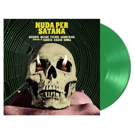 Alberto Baldan Bembo Nuda per Satana OST SAAR Records - copertina con teschio e candele su ragnatela sfondo nero, vinile verde trasparente 12 pollici visibile a destra