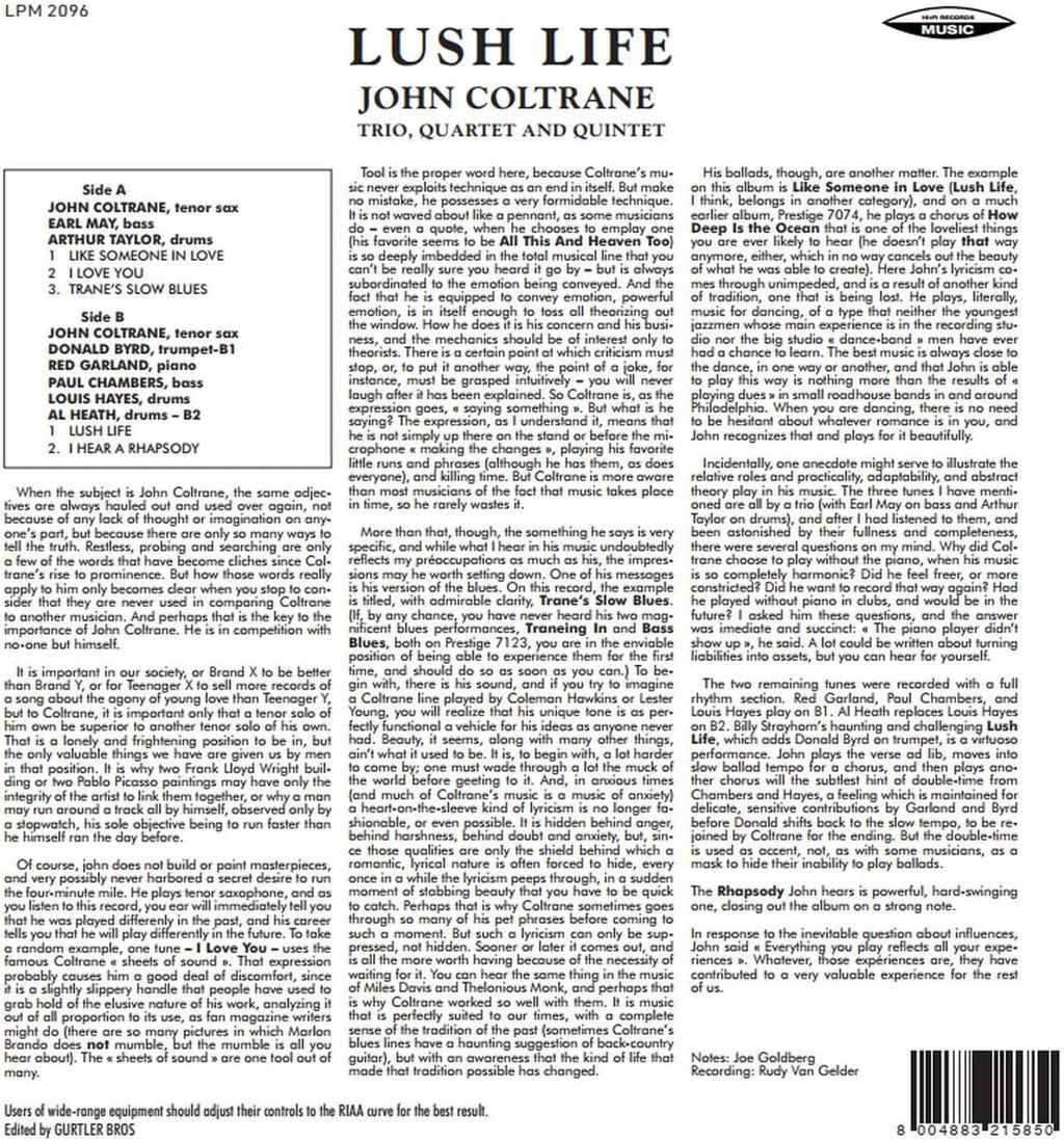 Retro copertina John Coltrane Lush Life SAAR - tracklist Lato A e Lato B, note di copertina di Joe Goldberg, barcode 800483215850, logo RCA Records Music in alto a destra