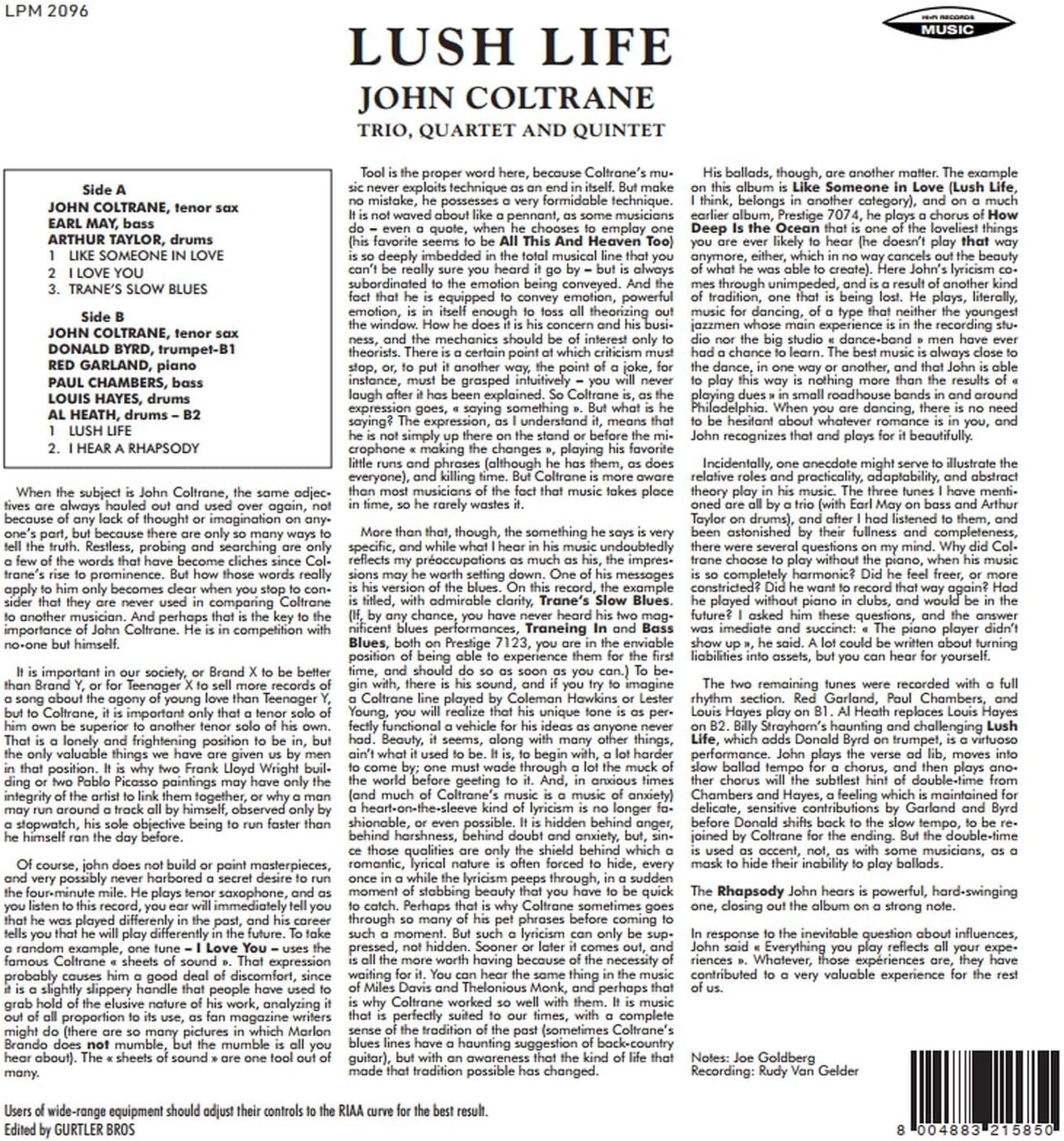 Retro copertina John Coltrane Lush Life SAAR - tracklist Lato A e Lato B, note di copertina di Joe Goldberg, barcode 800483215850, logo RCA Records Music in alto a destra