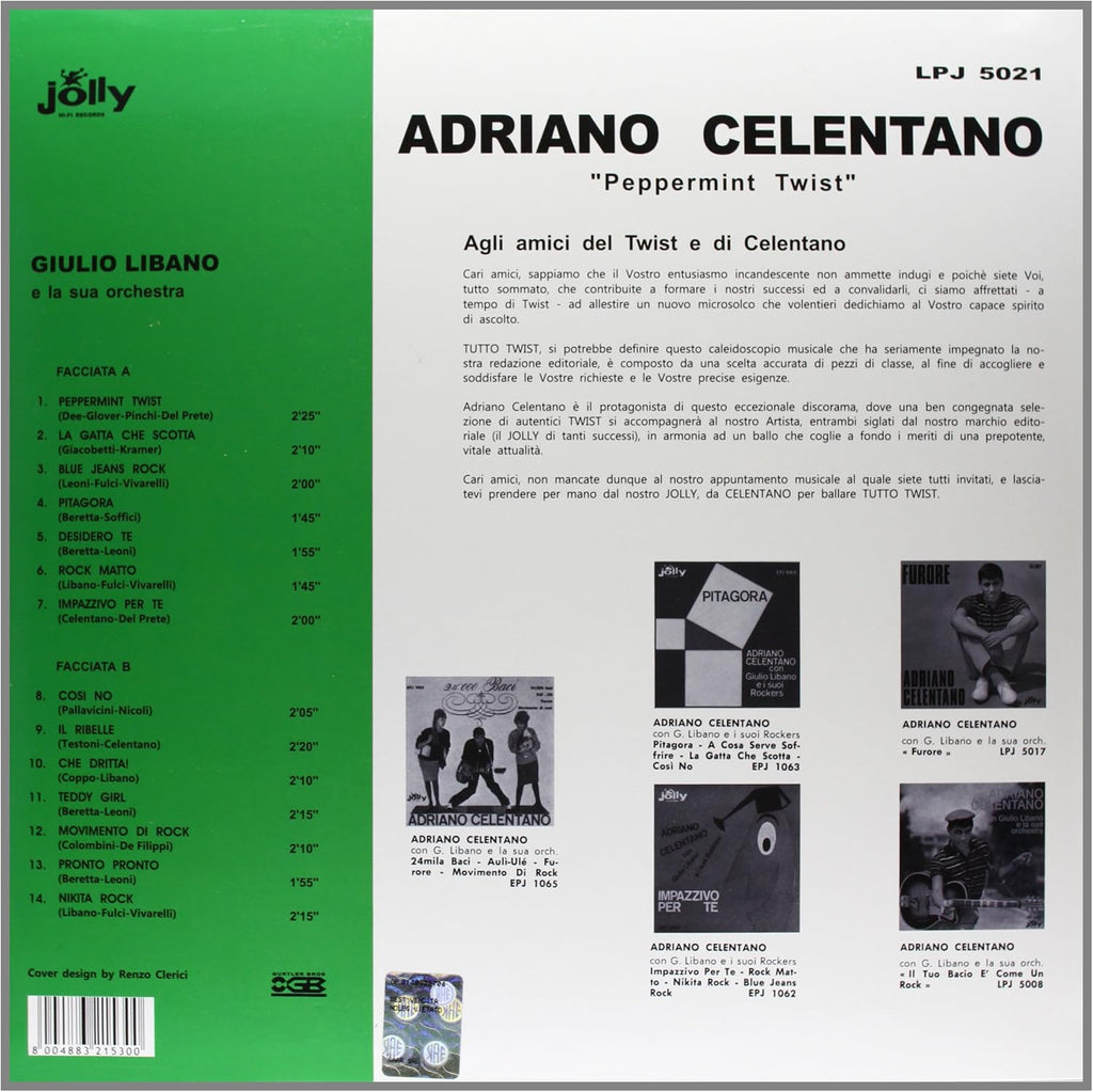 Retro copertina Adriano Celentano Peppermint Twist Jolly Records - tracklist completa Facciata A e B su sfondo bianco e verde, note agli amici del Twist e di Celentano, foto di altri album Jolly, barcode 800488321530, cover design Renzo Clerici