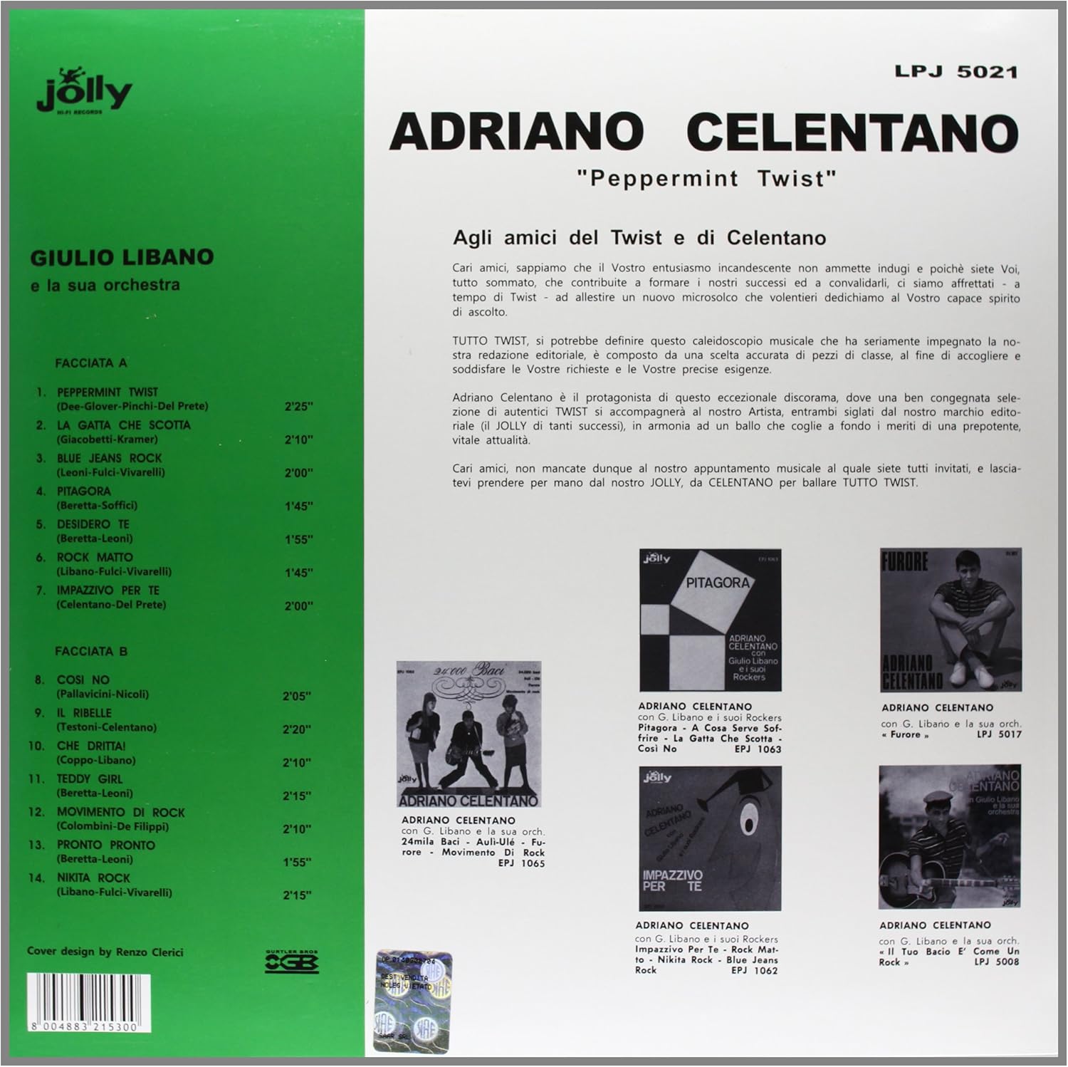 Retro copertina Adriano Celentano Peppermint Twist Jolly Records - tracklist completa Facciata A e B su sfondo bianco e verde, note agli amici del Twist e di Celentano, foto di altri album Jolly, barcode 800488321530, cover design Renzo Clerici