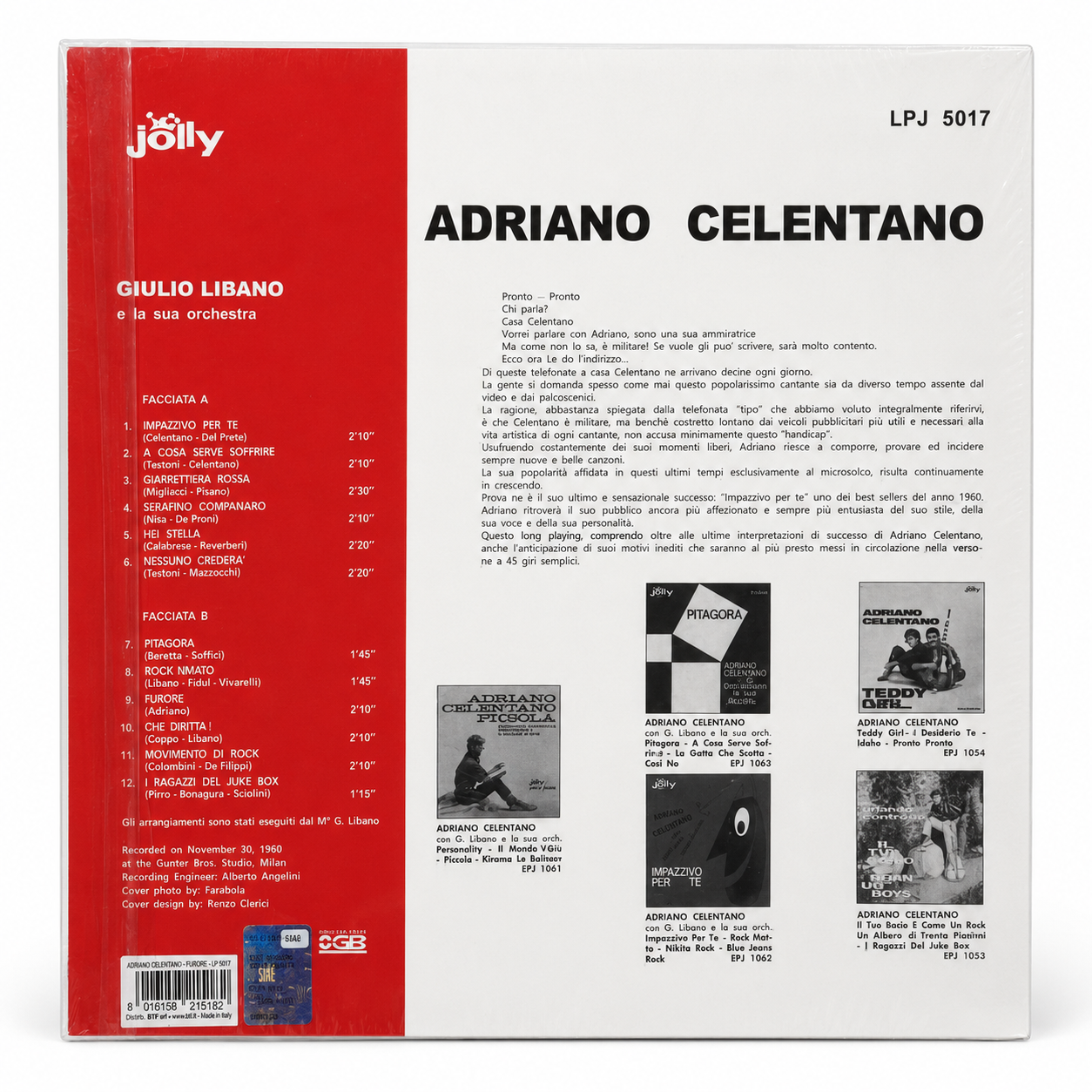 Retro copertina Adriano Celentano Furore Jolly Records LPJ 5017 - tracklist completa Facciata A e B su sfondo rosso e bianco, note di copertina in italiano, foto altri EP Jolly, barcode 8016158215182, logo Jolly in alto a sinistra, Giulio Libano e la sua orchestra, registrato 30 novembre 1960 Gunter Bros Studio Milan