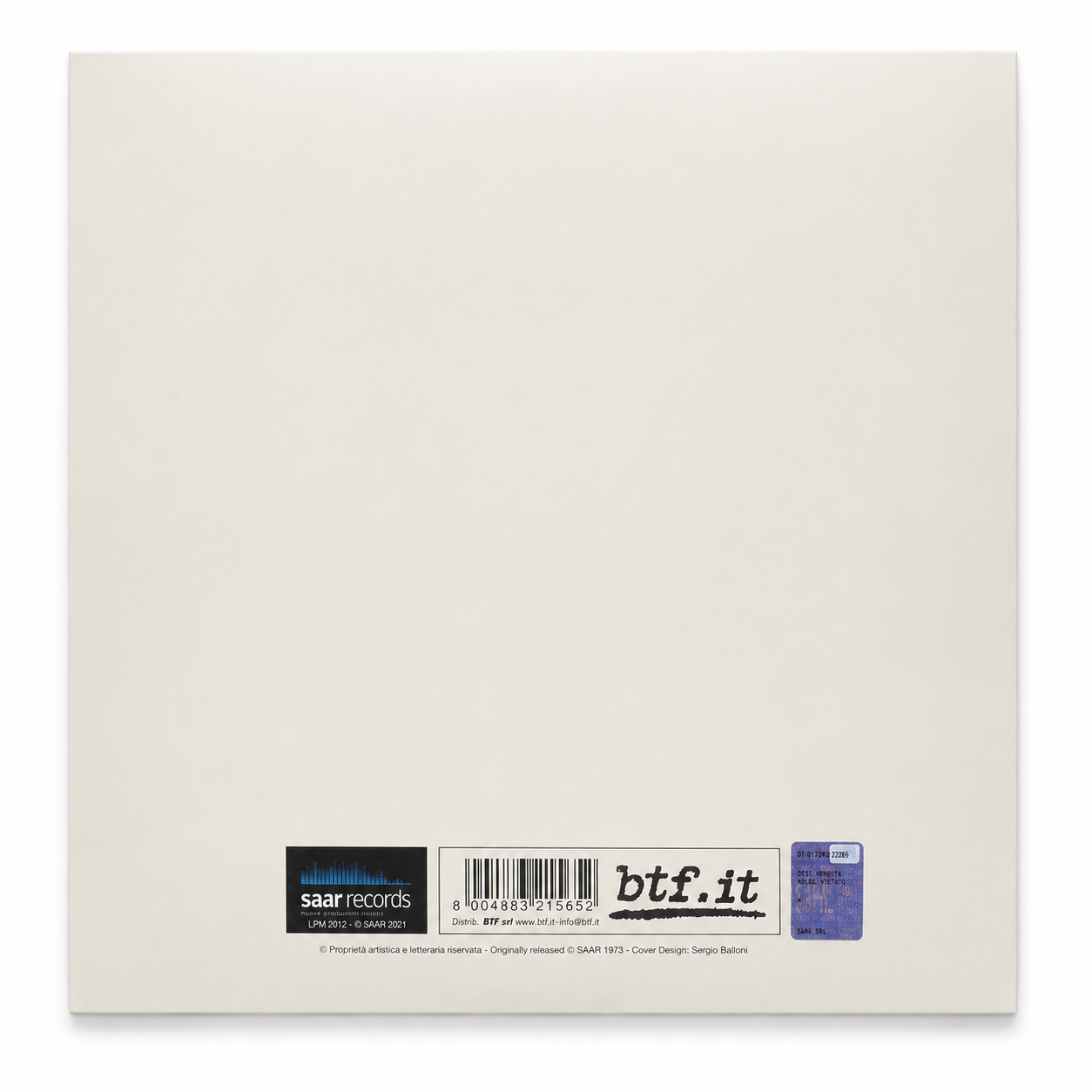 Retro copertina Franco Cerri Metti una Sera Cerri SAAR Records LPM 2012 - copertina bianca/avorio completamente vuota, logo SAAR Records in basso a sinistra, barcode 8004883215652, logo btf.it, copyright SAAR 1973 e SAAR 2021, cover design Sergio Balloni, sticker viola prezzo in basso a destra