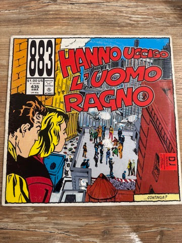 883 – Hanno Ucciso l'Uomo Ragno – copertina fronte LP Edizione Straordinaria WEA 1992, stile fumetto Marvel