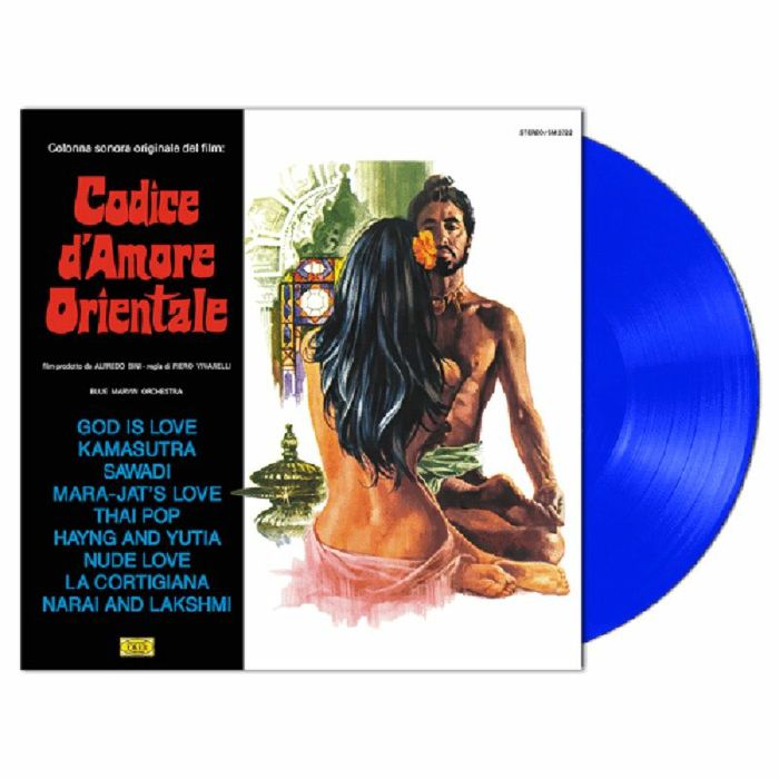 Copertina Blue Marvin Orchestra Codice d'Amore Orientale OST Joker SM 3722 - versione senza vinile, locandina originale del film con coppia in posa orientale, scritta rossa Codice d'Amore Orientale su sfondo nero a sinistra con tracklist in blu, sticker Limited Edition Blue Vinyl in alto a destra, logo Joker in basso a sinistra