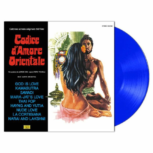 Copertina Blue Marvin Orchestra Codice d'Amore Orientale OST Joker SM 3722 - versione senza vinile, locandina originale del film con coppia in posa orientale, scritta rossa Codice d'Amore Orientale su sfondo nero a sinistra con tracklist in blu, sticker Limited Edition Blue Vinyl in alto a destra, logo Joker in basso a sinistra