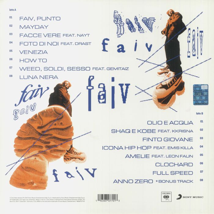 Dani Faiv – FAIV, retro copertina con tracklist completa lato A e lato B, Columbia Sony Music