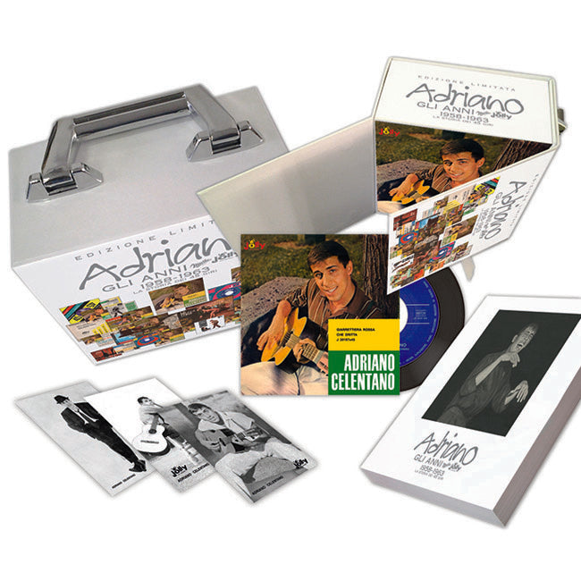 Box set Adriano Celentano Gli Anni Music Jolly 1958-1963 – valigetta metallica con 45 giri neri, cartoline e libro, Saar Records edizione limitata