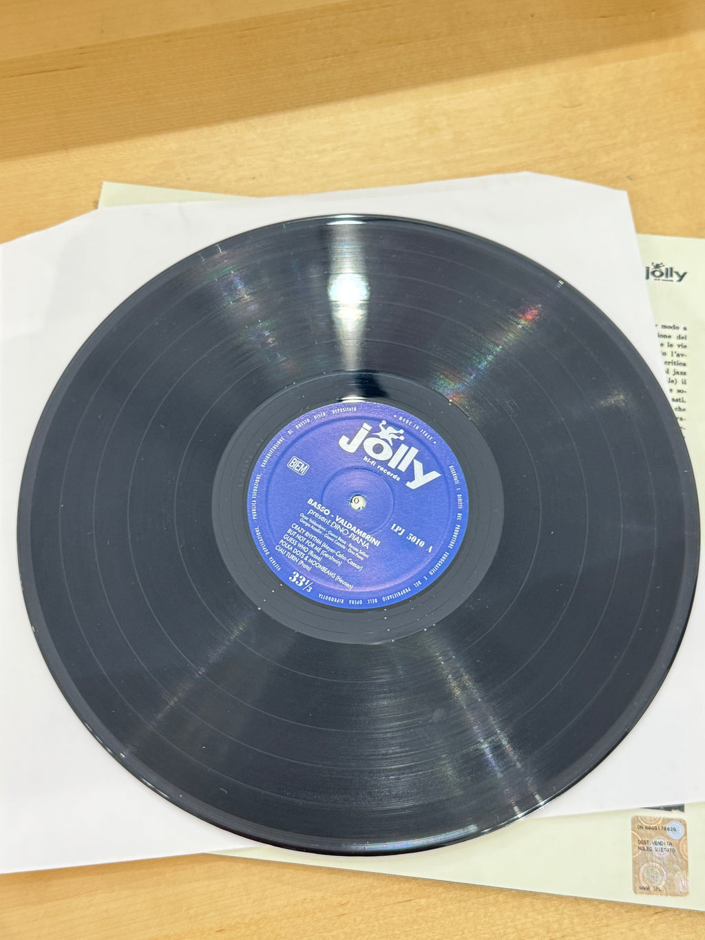 Basso Valdambrini Quintet Plus Dino Piana, etichetta vinile Side A: label blu Jolly Hi-Fi Records, catalogo LPJ 5010-A, tracklist Side 1, 33 giri, Made in Italy