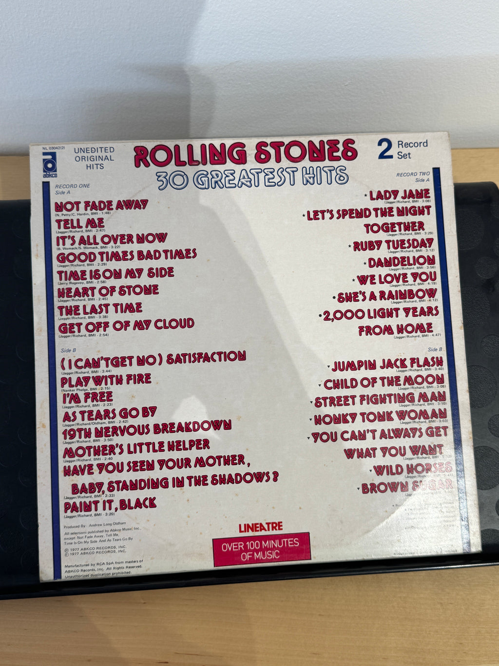 Retro copertina Rolling Stones 30 Greatest Hits - tracklist completa Record One e Record Two su 4 lati, etichetta ABKCO RCA, Over 100 Minutes of Music
