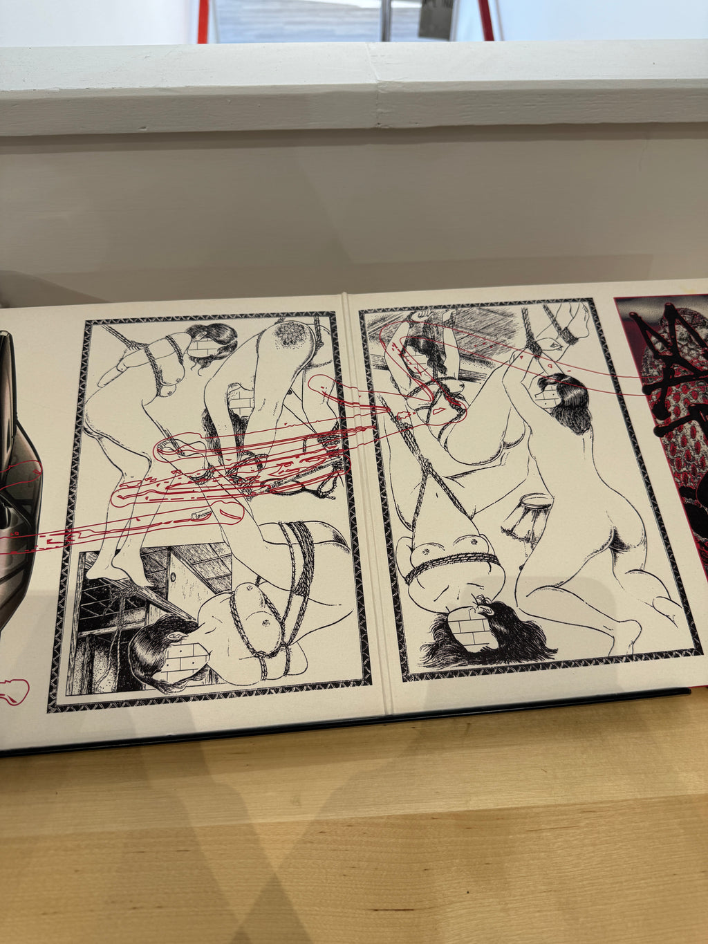 Inner sleeve Night Skinny Mattoni aperto - illustrazioni in stile shibari in bianco e nero con filo rosso su doppia pagina