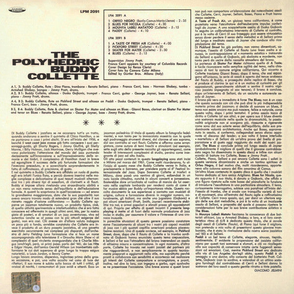 Retro copertina The Polyhedric Buddy Collette SAAR - tracklist completa Lato A e B, note di copertina in italiano di Giacomo Jelmini, catalogo LPM 2091, logo RCA Records Music