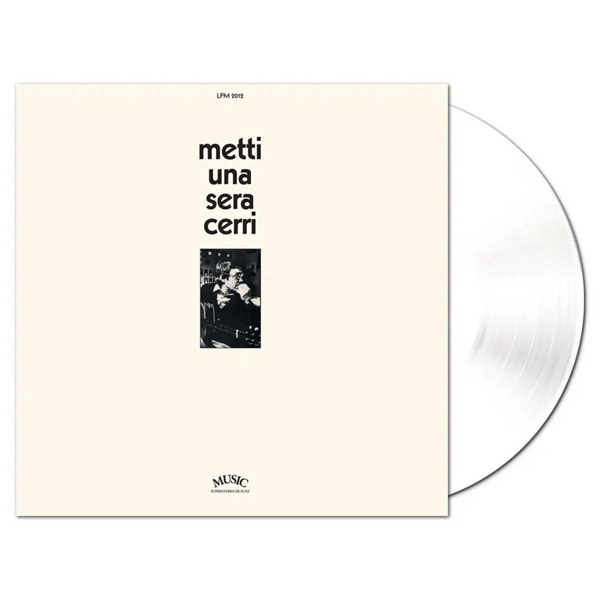 Franco Cerri Metti una Sera Cerri SAAR Records - copertina avorio con scritta nera metti una sera cerri, foto Cerri in bianco e nero, logo MUSIC Superstereo De Luxe in basso, vinile bianco 12 pollici visibile a destra