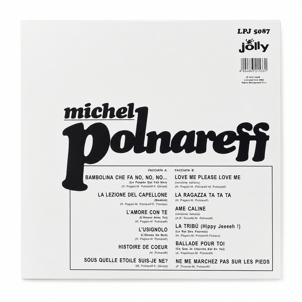 Copertina Michel Polnareff album omonimo Jolly LPJ 5087 SAAR 2013 - foto anni 60 di Michel Polnareff seduto su sgabello con maglione rosso e blu su sfondo arancione, scritta michel Polnareff in rosso in basso a destra, ancora sigillato