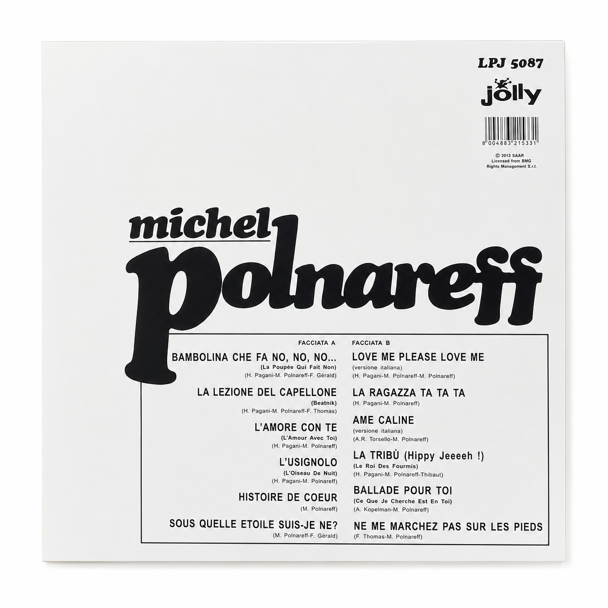 Copertina Michel Polnareff album omonimo Jolly LPJ 5087 SAAR 2013 - foto anni 60 di Michel Polnareff seduto su sgabello con maglione rosso e blu su sfondo arancione, scritta michel Polnareff in rosso in basso a destra, ancora sigillato