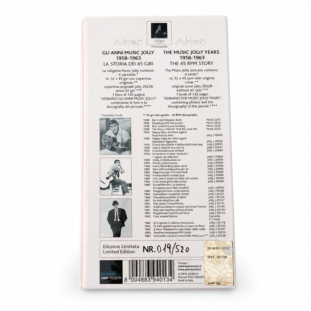 Retro box Adriano Celentano Gli Anni Music Jolly 1958-1963 – discografia completa e barcode Saar Records