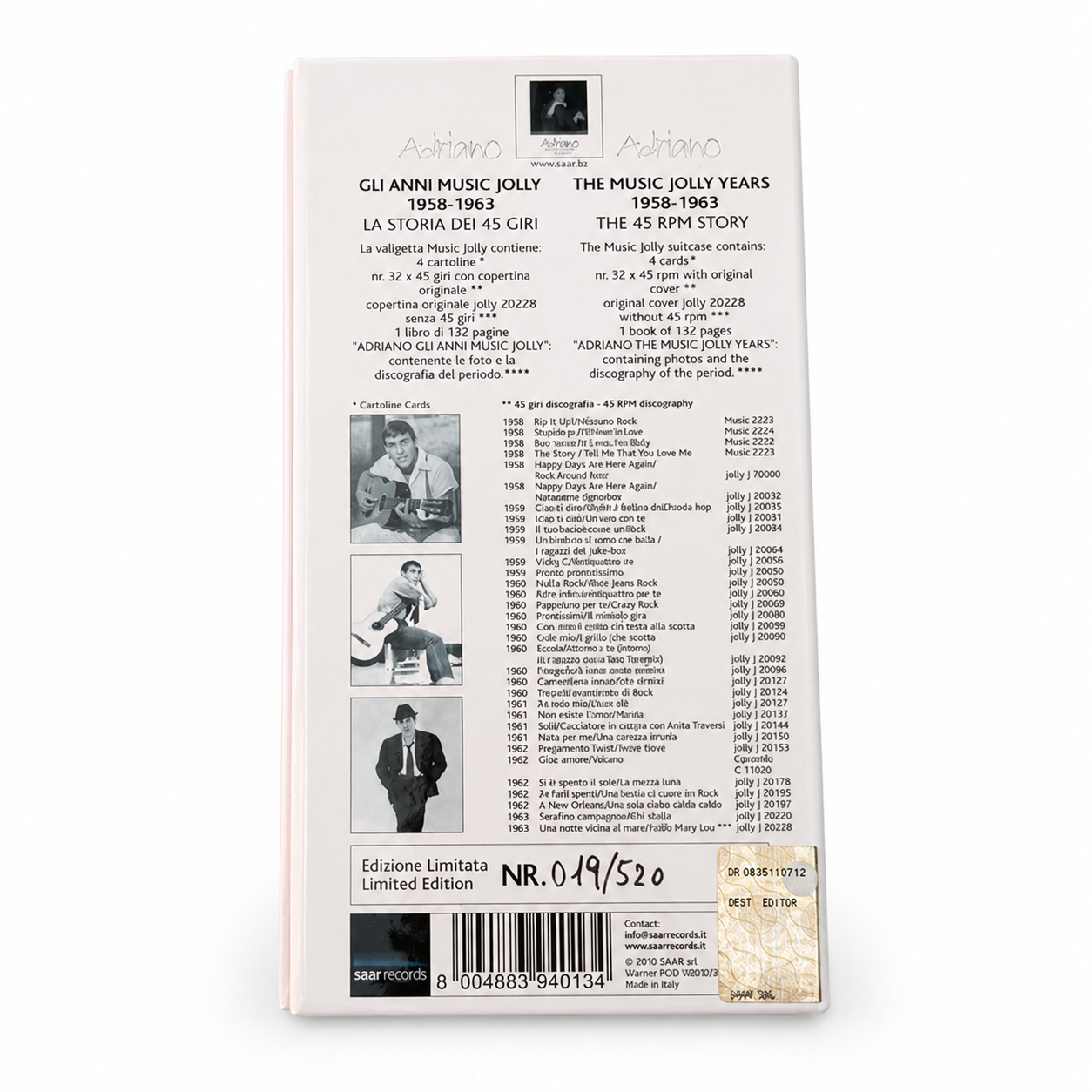 Retro box Adriano Celentano Gli Anni Music Jolly 1958-1963 – discografia completa e barcode Saar Records