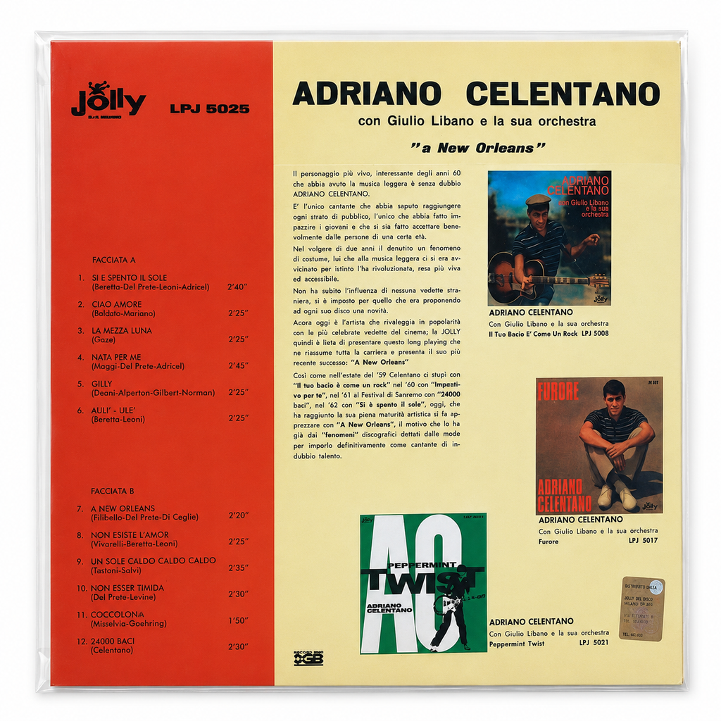 Retro copertina Adriano Celentano A New Orleans Jolly Records LPJ 5025 - tracklist completa Facciata A e B su sfondo rosso e beige, note di copertina in italiano, foto altri album Jolly Peppermint Twist LPJ 5021 e Furore LPJ 5017, logo Jolly in alto a sinistra