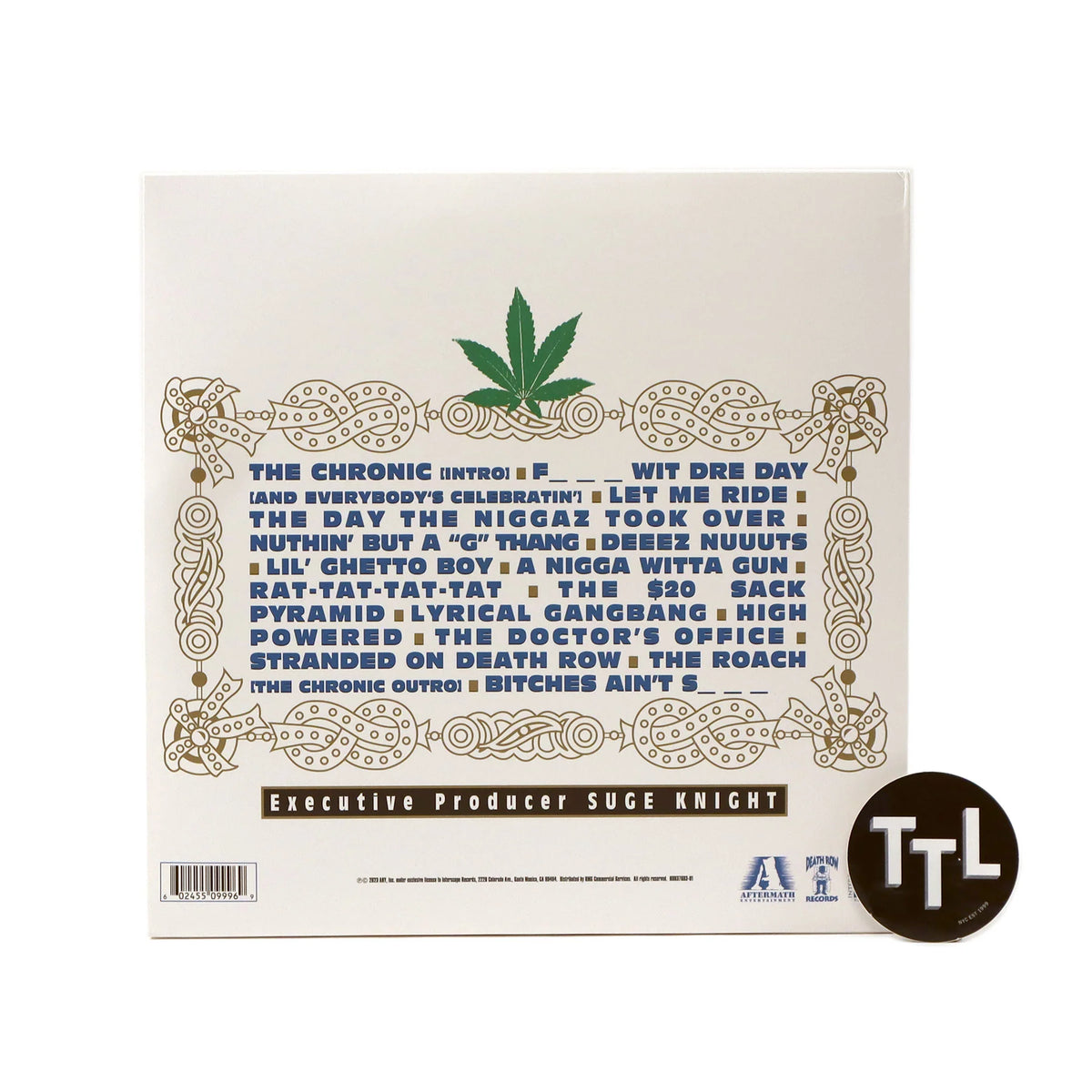 Dr. Dre – The Chronic, retro copertina con tracklist completa 16 tracce e logo Aftermath Death Row