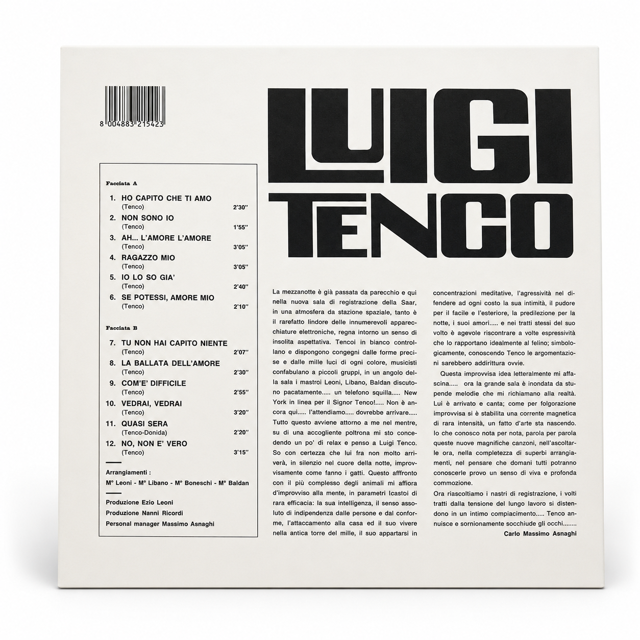 Retro copertina Luigi Tenco album omonimo SAAR Records - scritta LUIGI TENCO in grandi caratteri neri a destra, tracklist completa Facciata A e B con durate, note di copertina di Carlo Massimo Asnaghi in italiano, arrangiamenti M Leoni M Libano M Boneschi M Baldan, produzione Ezio Leoni e Nanni Ricordi, barcode 8004883215423, logo SAAR Records e btf.it