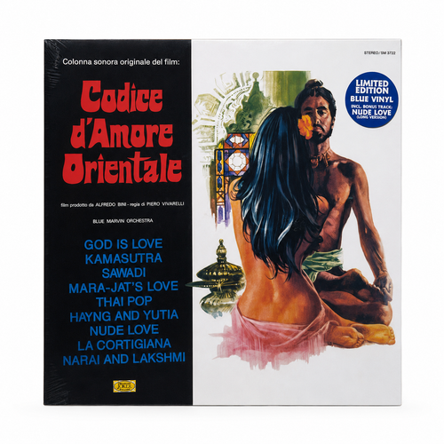 Copertina Blue Marvin Orchestra Codice d'Amore Orientale OST Joker SM 3722 SAAR 2024 - locandina originale del film con coppia in posa orientale su sfondo bianco, scritta rossa Codice d'Amore Orientale su sfondo nero a sinistra, sticker blu Limited Edition Blue Vinyl incl. Bonus Track Nude Love Long Version in alto a destra, logo Joker in basso a sinistra, vinile blu 12 pollici visibile a destra