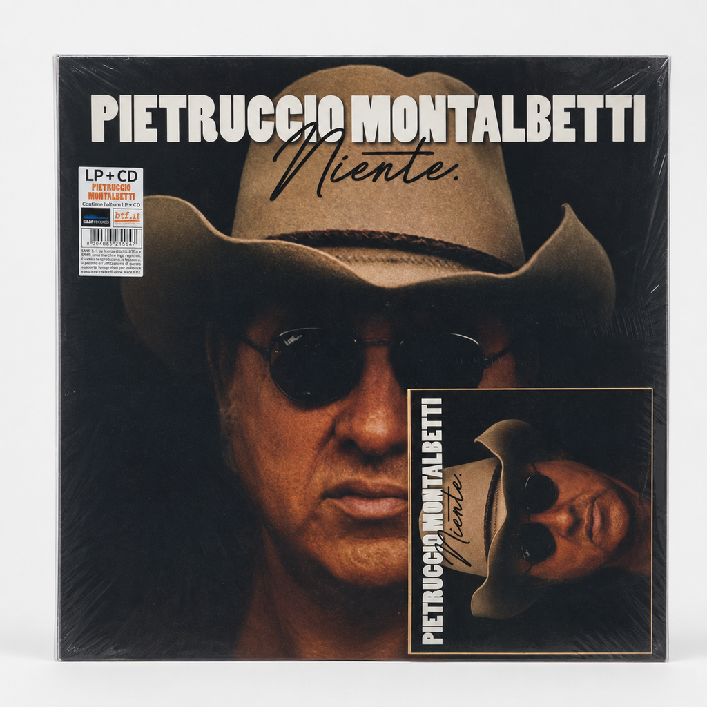 Copertina Pietruccio Montalbetti Niente SAAR Records - primo piano Montalbetti con cappello da cowboy e occhiali da sole su sfondo scuro, scritta PIETRUCCIO MONTALBETTI in bianco in alto, scritta Niente in corsivo al centro, sticker LP+CD SAAR Records btf.it in alto a sinistra con barcode 8004885215647, miniatura CD in basso a destra