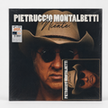 Copertina Pietruccio Montalbetti Niente SAAR Records - primo piano Montalbetti con cappello da cowboy e occhiali da sole su sfondo scuro, scritta PIETRUCCIO MONTALBETTI in bianco in alto, scritta Niente in corsivo al centro, sticker LP+CD SAAR Records btf.it in alto a sinistra con barcode 8004885215647, miniatura CD in basso a destra