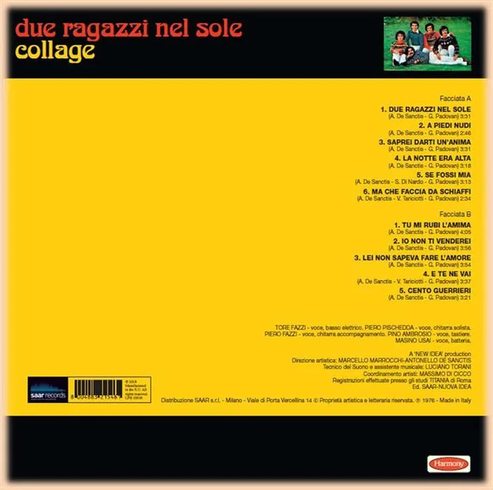 Retro copertina Collage Due Ragazzi nel Sole SAAR - tracklist Facciata A e B su sfondo giallo, foto di gruppo in alto a destra, barcode e logo SAAR Records in basso a sinistra