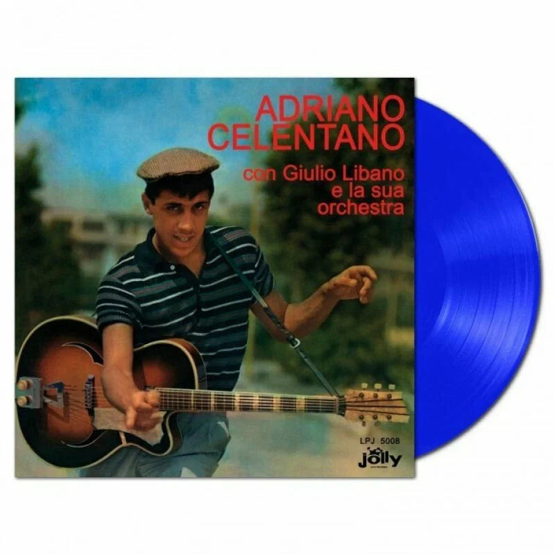 Copertina Adriano Celentano con Giulio Libano e la sua orchestra Jolly Records - Celentano giovane con chitarra acustica e berretto su sfondo verde azzurro, scritta rossa Adriano Celentano in alto, logo Jolly e catalogo LPJ 5008 in basso a destra, vinile blu a destra
