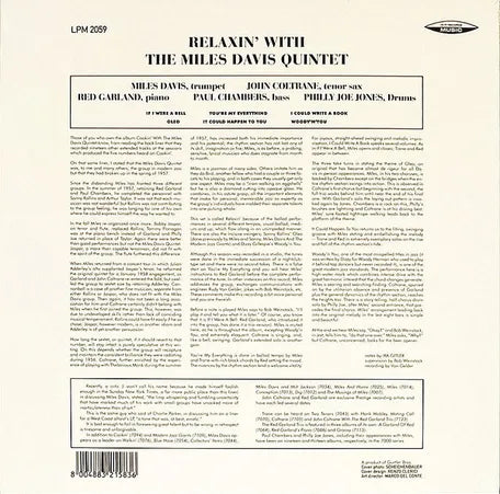Retro copertina Miles Davis Relaxin SAAR - note di copertina su sfondo bianco, tracklist e formazione completa, barcode 800483215836, logo RCA Records Music in alto a destra